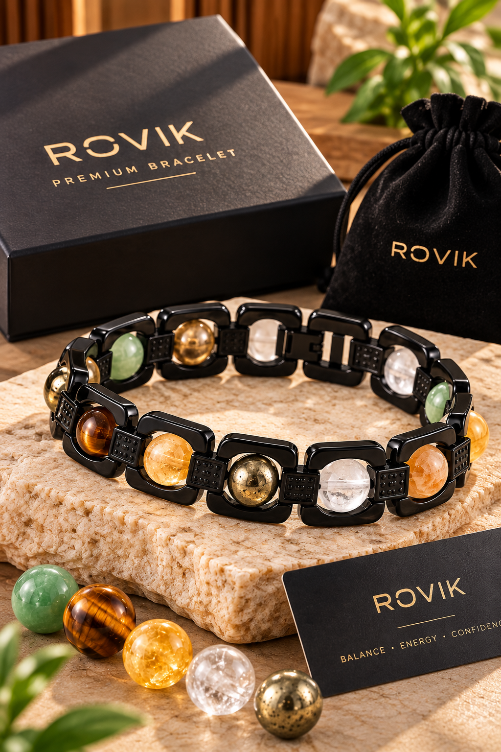 ROVIK Dhan Yog Bracelet – 5 Natural Gemstones | Premium Black Metal Bracelet