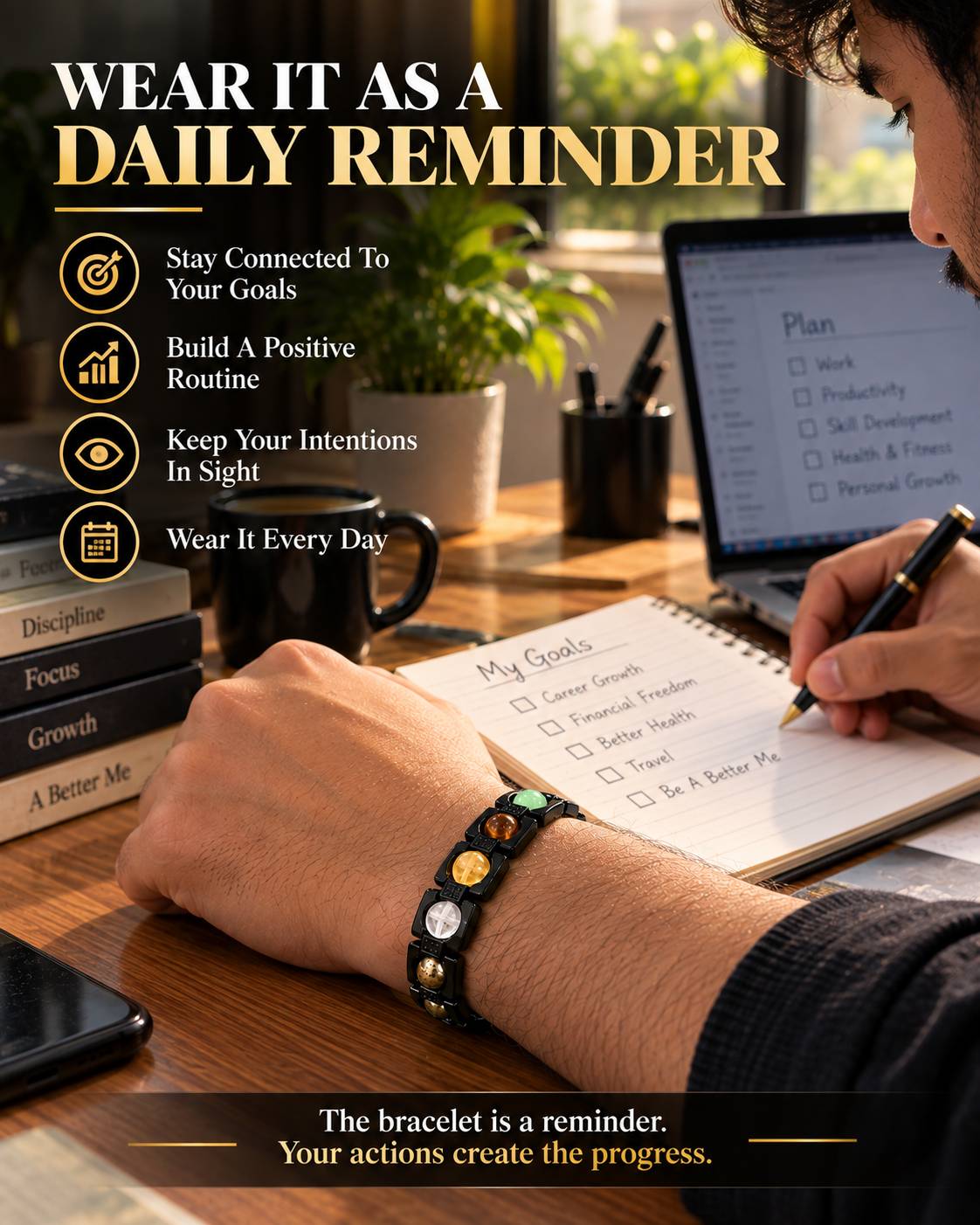 ROVIK Dhan Yog Bracelet – 5 Natural Gemstones | Premium Black Metal Bracelet