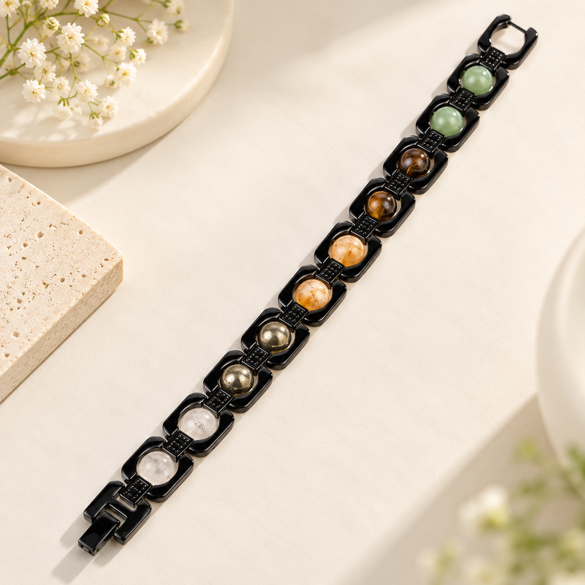 ROVIK Dhan Yog Bracelet – 5 Natural Gemstones | Premium Black Metal Bracelet