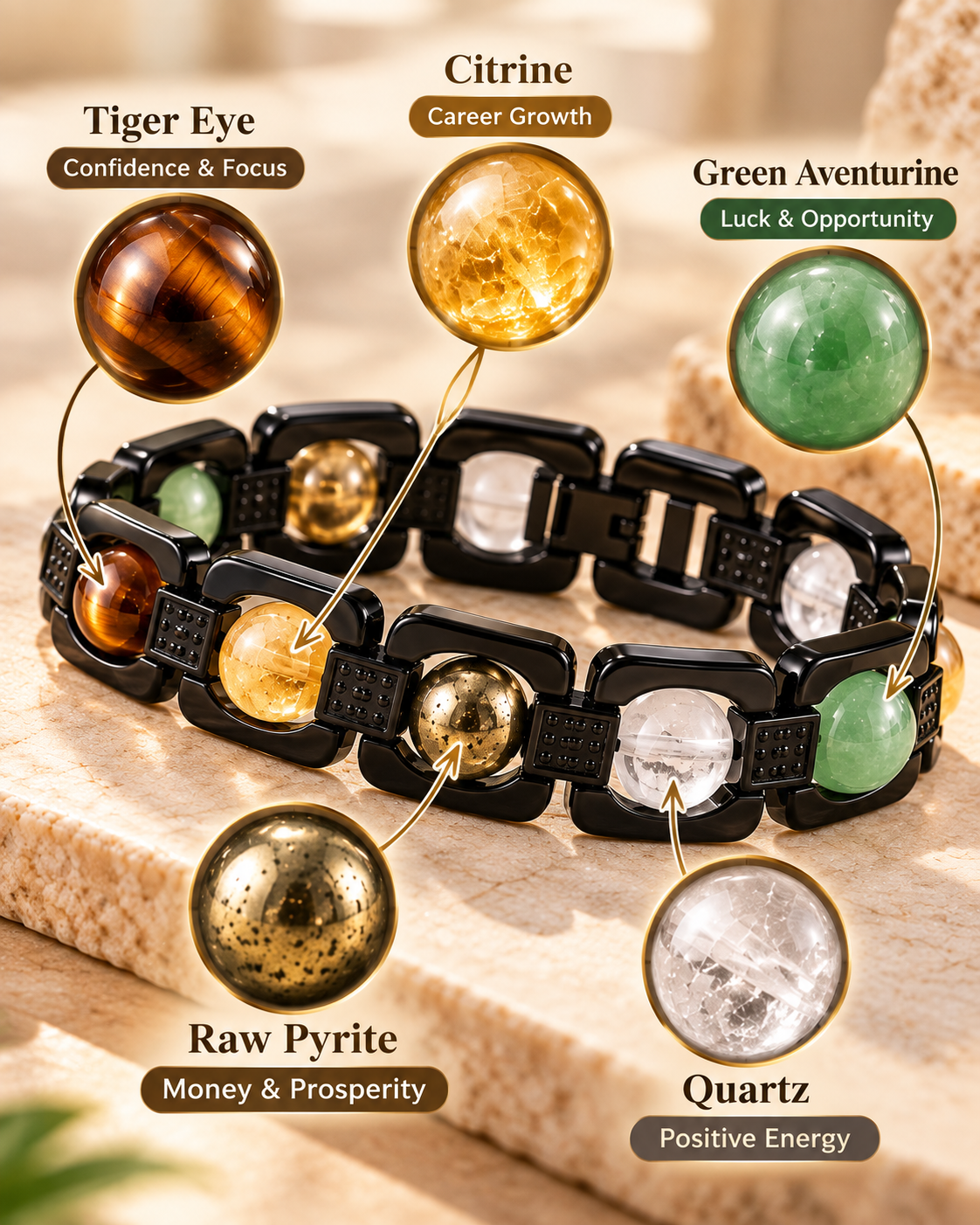 ROVIK Dhan Yog Bracelet – 5 Natural Gemstones | Premium Black Metal Bracelet
